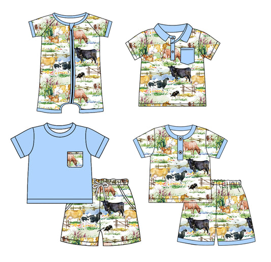 3.19 custom each style moq 5eta 4-6week Sibling Sister cow horse girl sets 1 and sets 2 and boy rompers and top match family design