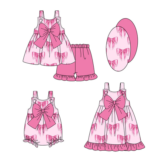 3.3 custom each style moq 5eta 4-6week Sibling Sister bow baby girl short sleeve shorts sets and dress and rompers match family design