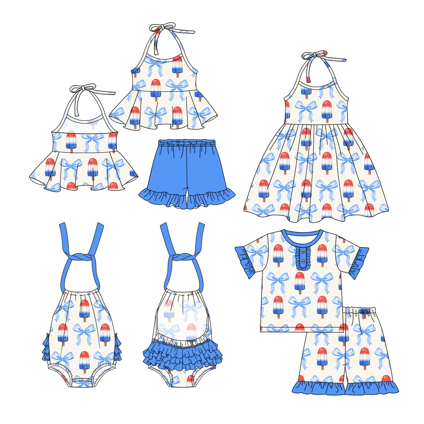 2.27 custom each style moq 5eta 4-6week Sibling Sister bow baby girl short sleeve shorts sets and sets 2 and boy romper and dress match design