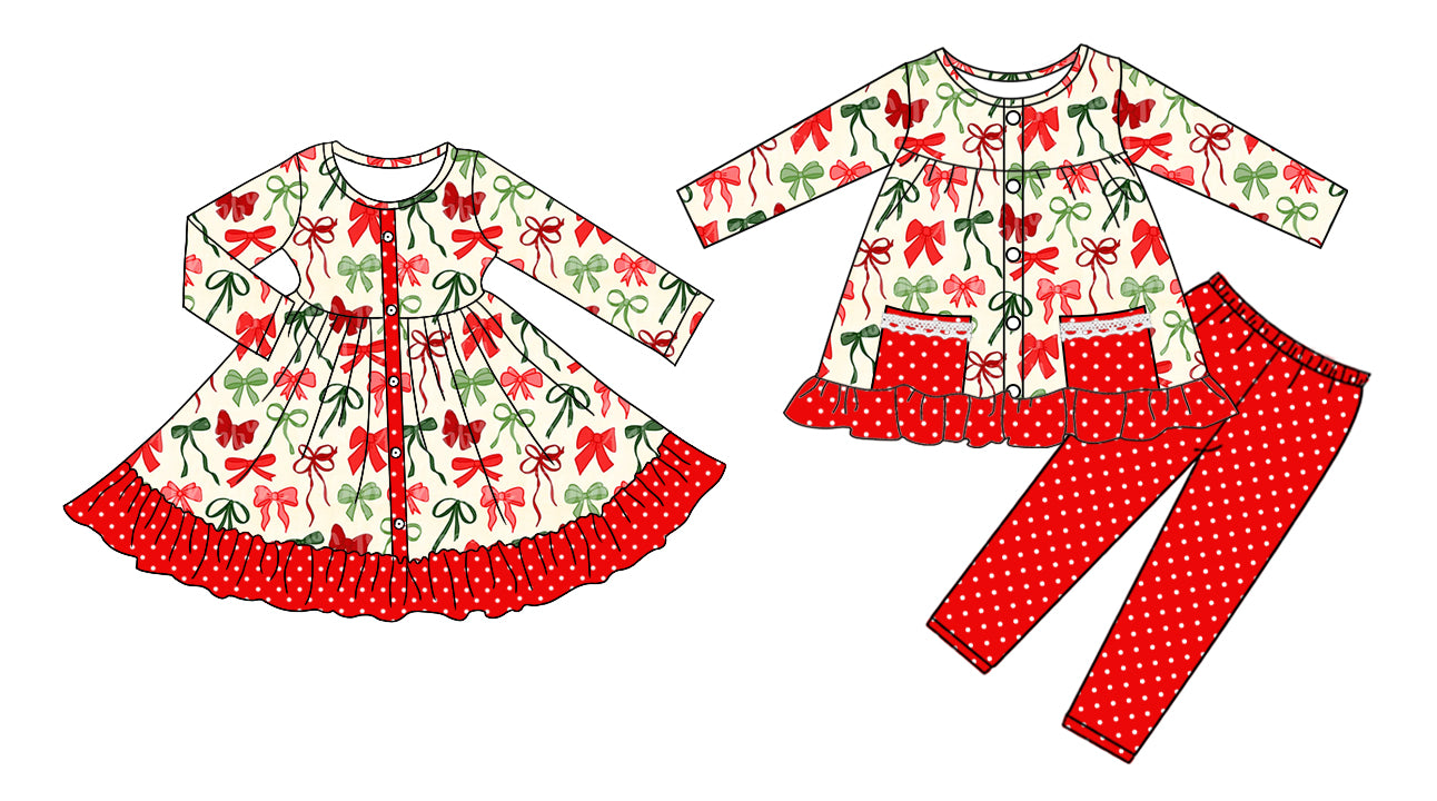 25.8.27 custom each style moq 5eta 4-6week Sibling Sisters Christmas bow baby girl long sleeve pants sets and dress match family design