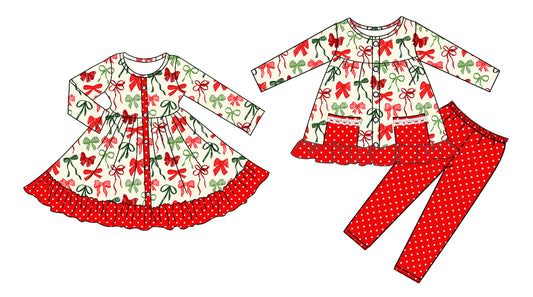 25.8.27 custom each style moq 5eta 4-6week Sibling Sisters Christmas bow baby girl long sleeve pants sets and dress match family design