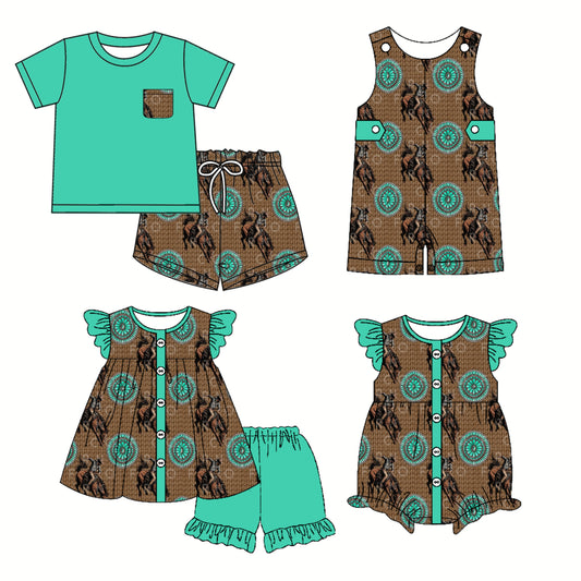 2.22 custom each style moq 5eta 4-6week Sibling Sister riding horse baby girl short sleeve shorts sets and sets 2 and boy romper and girl romper match design