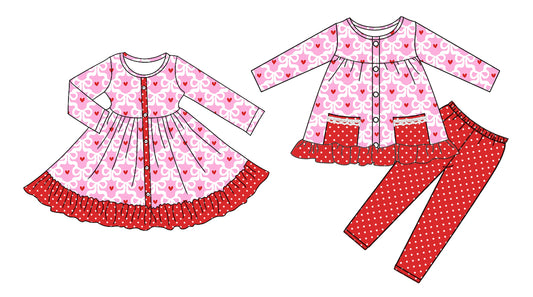 25.9.3 custom each style moq 5eta 4-6week Sibling Sisters love bow pink baby girl long sleeve pants sets and dress match family design