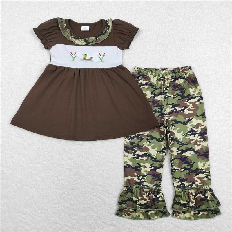 Baby girls Duck flower print brown camouflage Sibling Sister Clothes Sets