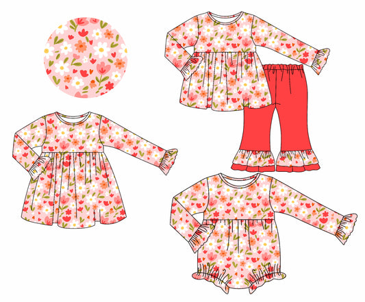 25.7.8 custom each style moq 5eta 4-6week Sibling Sisters floral baby girl long sleeve pants sets and dress and rompers match family design
