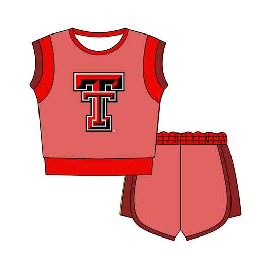 Custom moq 5 mix size milk silk summer teams Red  Sleeveless O-Neck Top And Shorts Set Cute And Comfortable Kids' Outfit