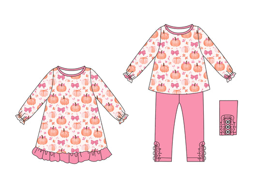 25.6.10 custom each style moq 5eta 4-6week Sibling Sisters pumpkin bow pink baby girl long sleeve pants sets and dress match family design