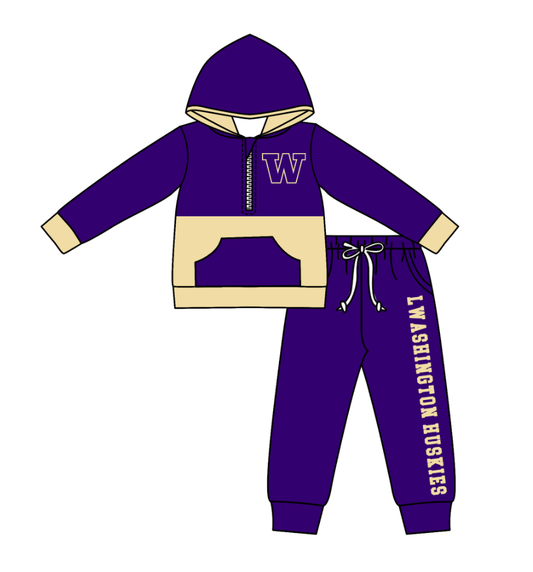 Custom moq 5 mix size eta 6-8weeks milk silk summer teams baby boy clothes purple hooded long sleeve pants sets-25.10.27