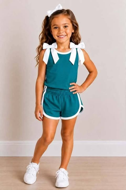 custom moq 5 mix size Baby Girls Teal White Trim Bow Strap Sleeveless Tank Top And Shorts Two Piece Summer Outfit Set