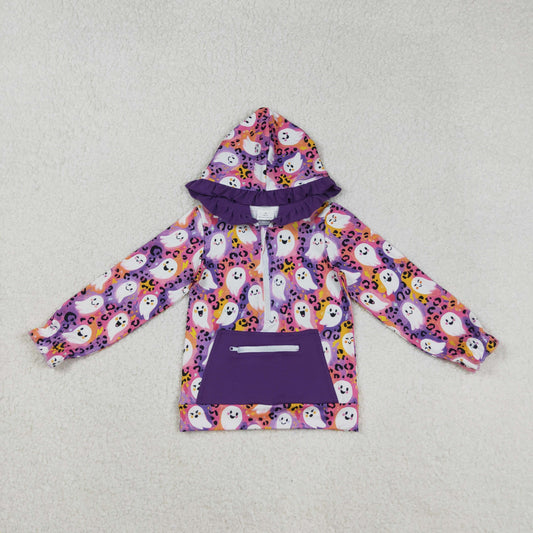 RTS NO MOQ（In Stock) GT1155 Halloween ghost leopard print purple zip-up pocket hooded long-sleeved top
