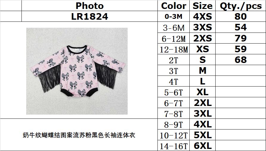 RTS NO MOQ ETA 5/7days arrived LR1824 Cow Pattern Bow Pattern Tassel Pink Black Long Sleeve Onesie