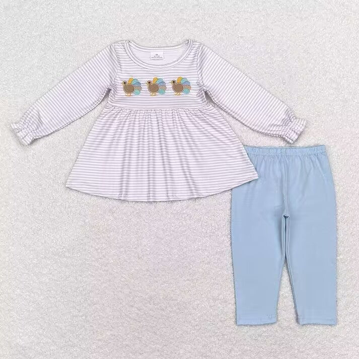 RTS NO MOQ Embroidered colorful turkey pattern boy and girl gray long-sleeved suit
