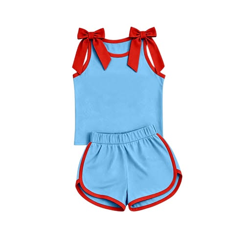 custom moq 5 mix size Baby Girls Red Bow Sleeveless Light Blue Top Shorts Summer Casual Clothes Set