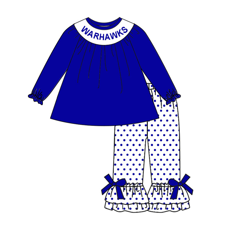 Deadline October 4 custom no moq eta 6-8weeks Klein blue lantern sleeve long-sleeved top-blue polka dot bow white trousers set