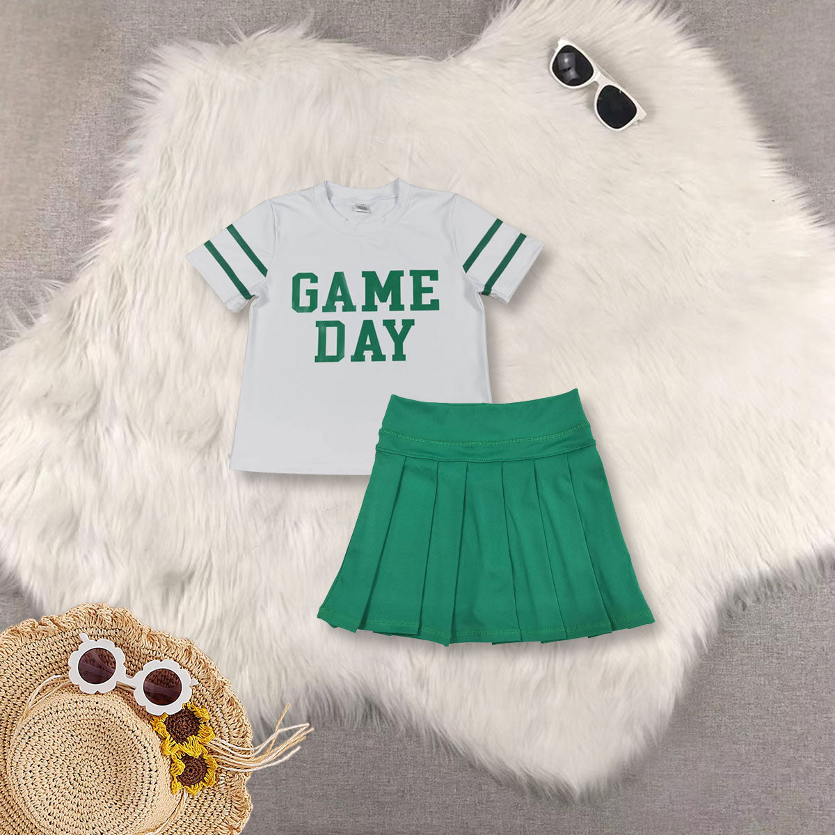RTS NO MOQ Sibling baby girls clothes Game Day White short-sleeved yoga top with offset green lettering and stripes Solid green yoga skirt set