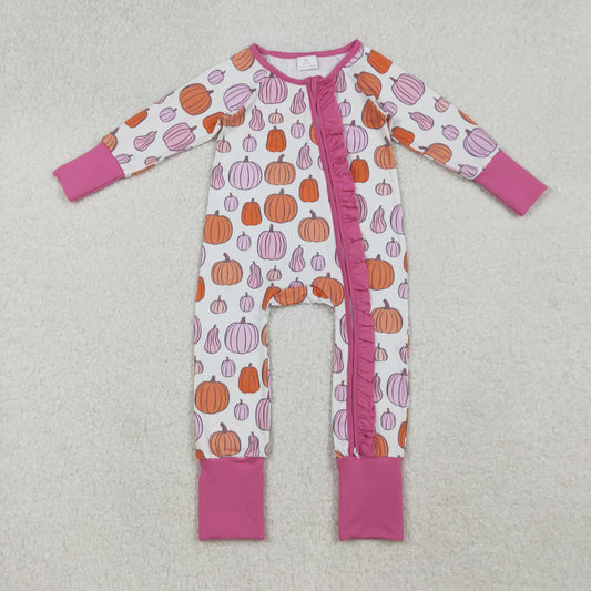 RTS NO MOQ（In Stock) LR2566 Pumpkin pattern pink and white zip-up long-sleeved bodysuit