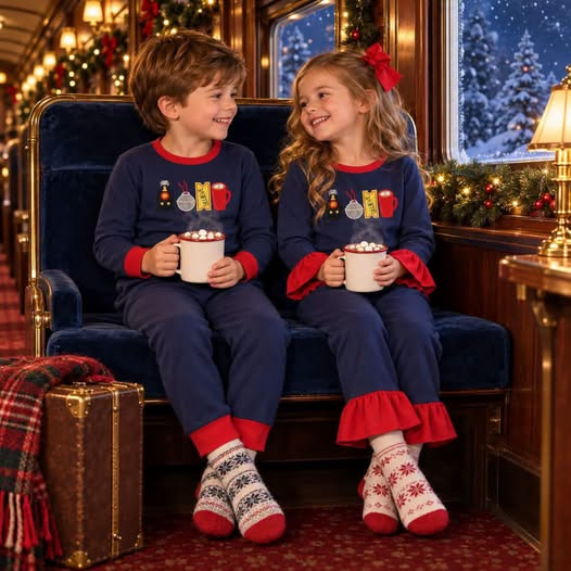 RTS NO MOQ Sibling milk silk Baby Baby Girls And Boys Navy Christmas Long Sleeve Pajama Set