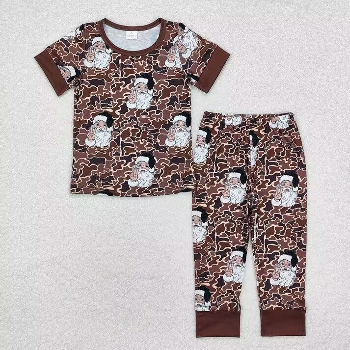 RTS NO MOQ Tan Leopard Santa Short Sleeve Pant Suit & Romper