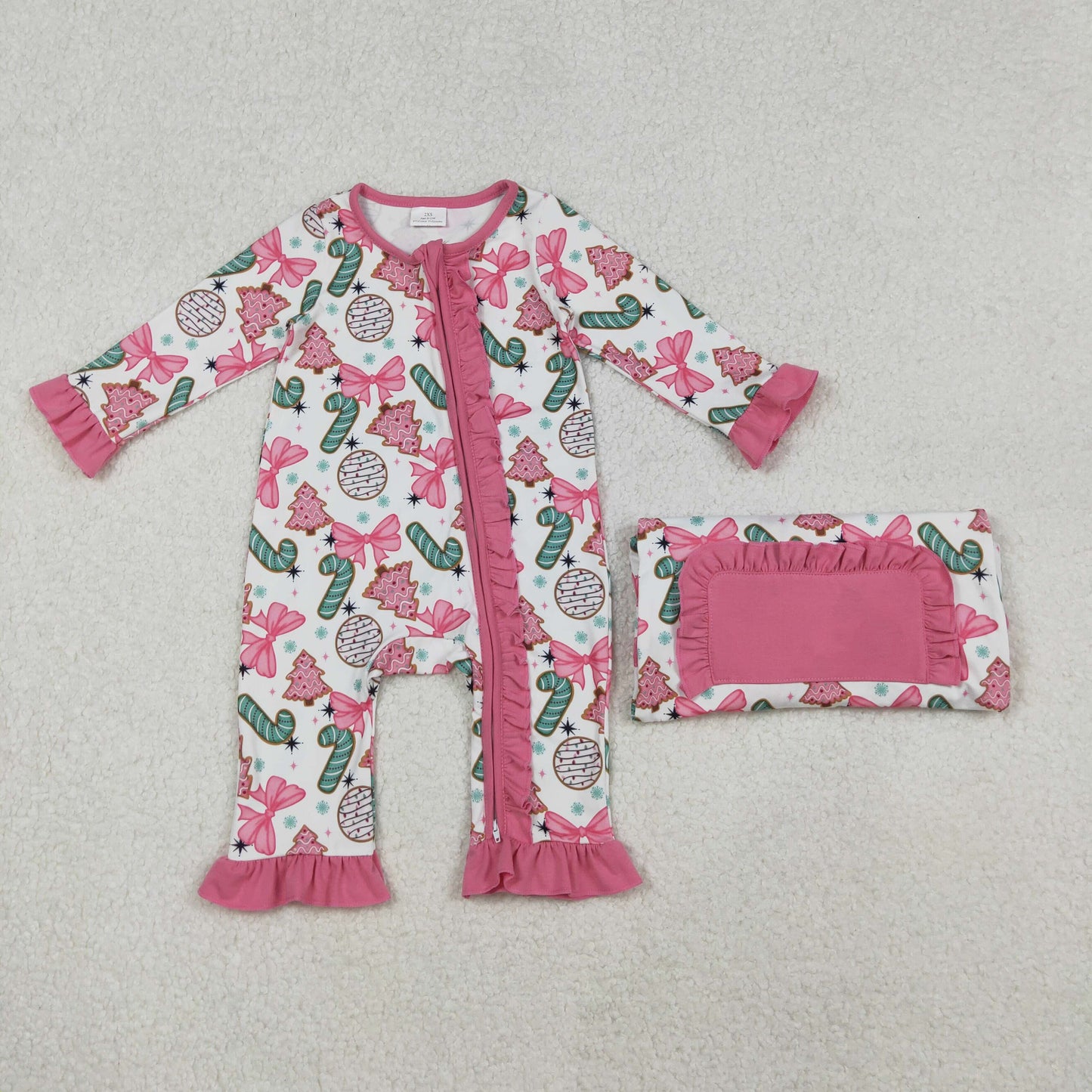 RTS NO MOQ（In Stock) LR2486 Pink lace and white long-sleeved bodysuit with bow pattern, candy cane, and Christmas tree