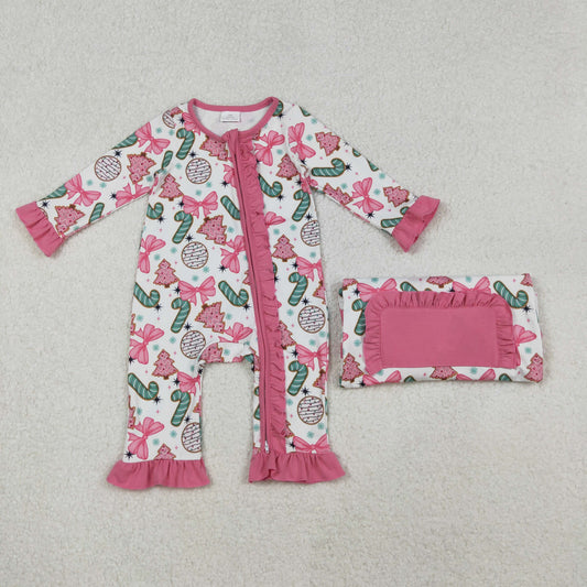RTS NO MOQ（In Stock) LR2486 Pink lace and white long-sleeved bodysuit with bow pattern, candy cane, and Christmas tree