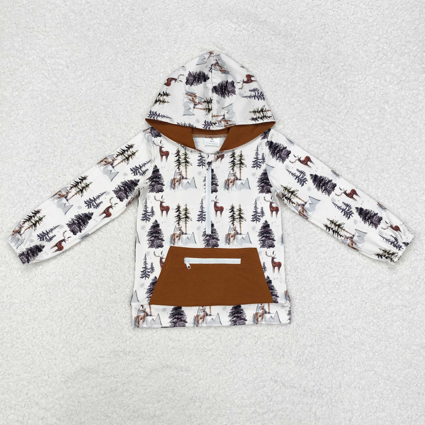 RTS NO MOQ ETA 5/7days arrived BT0758 Deer Pine Brown Pocket Zipper Hooded Long Sleeve Top