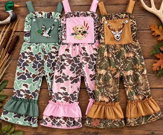 custom moq 5 mix size TYGI01 Baby Kids Camo Ruffle Overalls Duck Dog Deer Print Jumpsuit