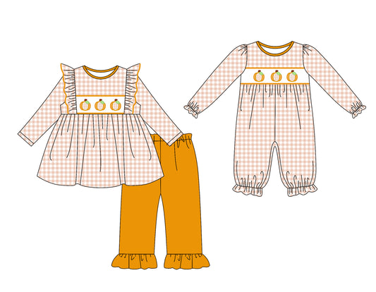 25.7.18 custom each style moq 5eta 4-6week Sibling Sister pumpkin baby girl long sleeve pants sets and rompers match family design
