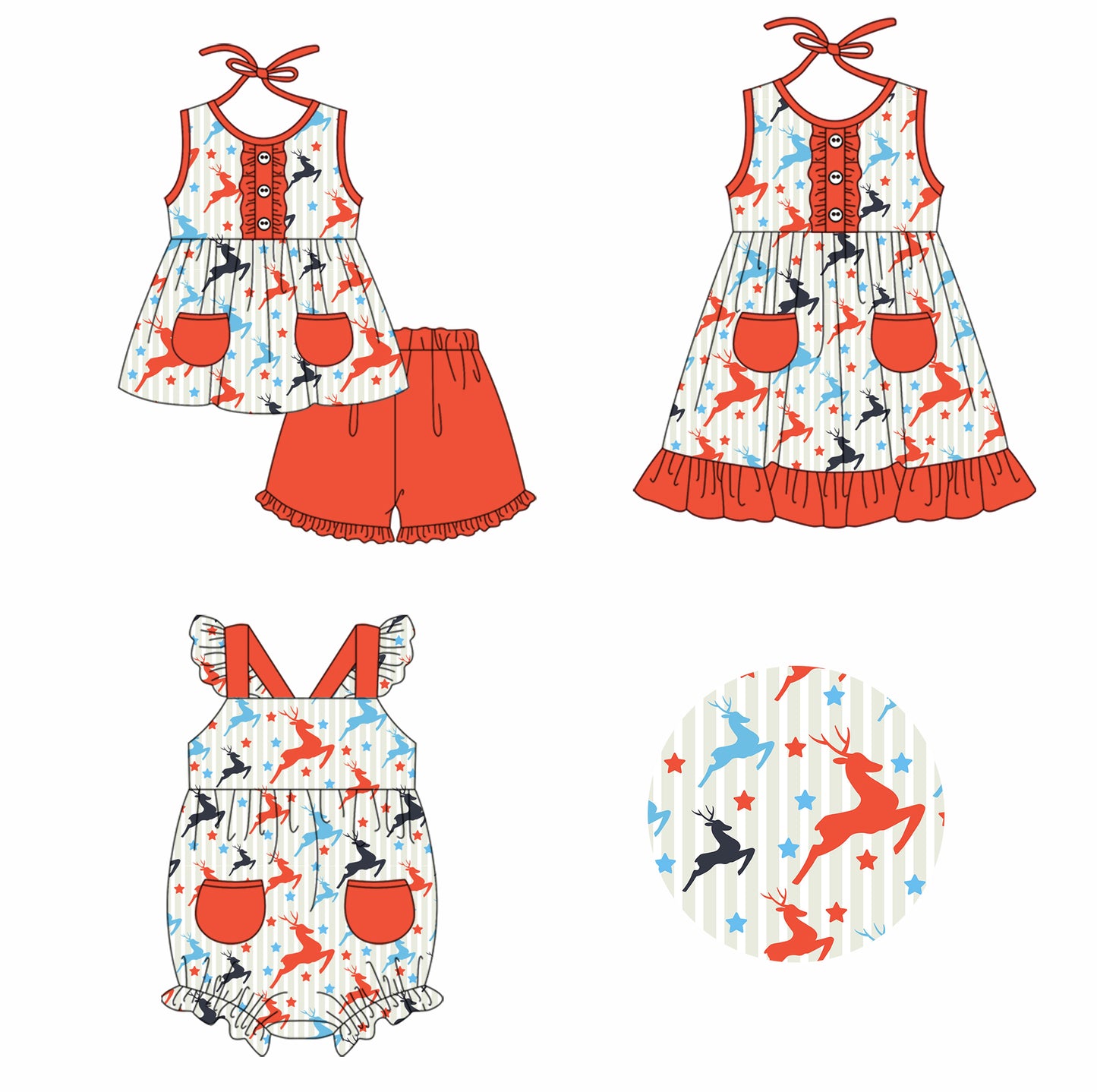 11.26 custom each style moq 5eta 4-6week Sibling Sister deer baby girl short sleeve shorts sets and dress and rompers match family design