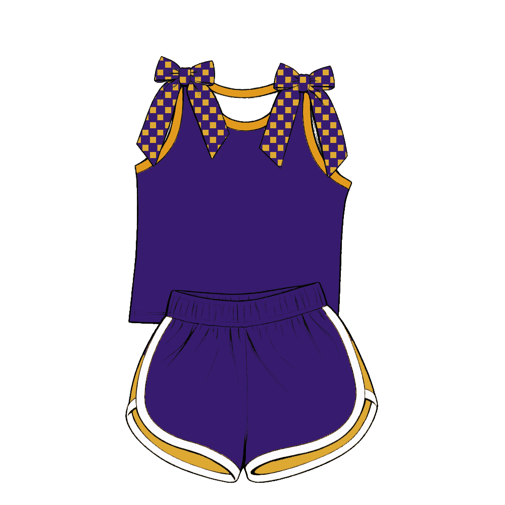 custom moq 5 mix size Baby Girls Bow Sleeveless Purple Top Shorts Summer Casual Clothes Set
