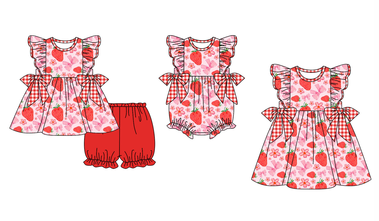 11.30 custom each style moq 5eta 4-6week Sibling Sister strawberry bow baby girl short sleeve shorts sets and dress and rompers match family design