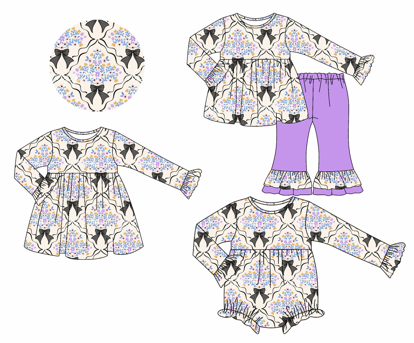 25.7.8 custom each style moq 5eta 4-6week Sibling Sisters bow floral baby girl long sleeve pants sets and dress and rompers match family design