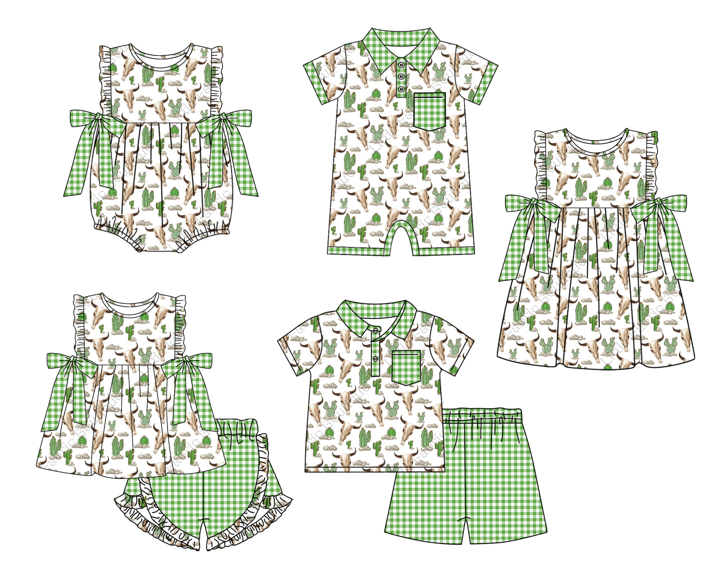 11.13 custom each style moq 5eta 4-6week Sibling Sister cow head catcus baby girl short sleeve shorts sets and sets 2 and girls romper and boy romper and dress match design
