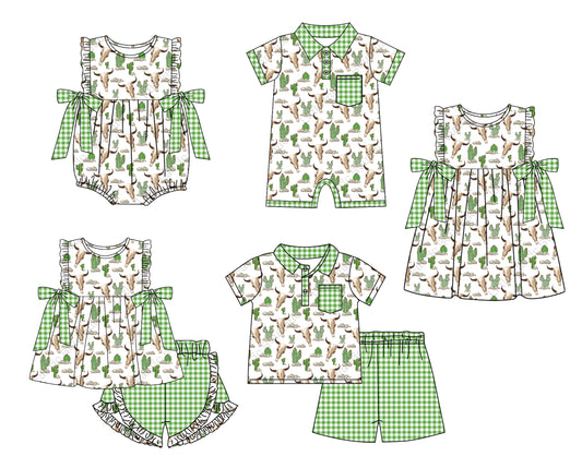 11.13 custom each style moq 5eta 4-6week Sibling Sister cow head catcus baby girl short sleeve shorts sets and sets 2 and girls romper and boy romper and dress match design