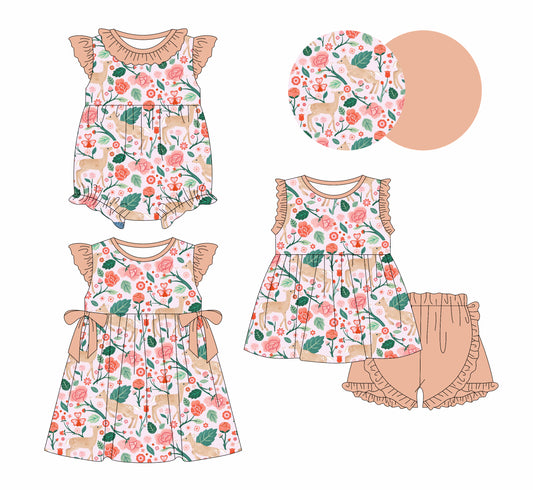 2.15 custom each style moq 5eta 4-6week Sibling Sisters floral deer baby girl short sleeve shorts sets and dress and rompers match family design