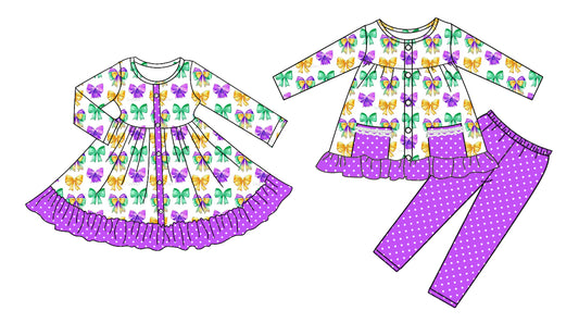 25.9.3 custom each style moq 5eta 4-6week Sibling Sisters bow purple baby girl long sleeve pants sets and dress match family design