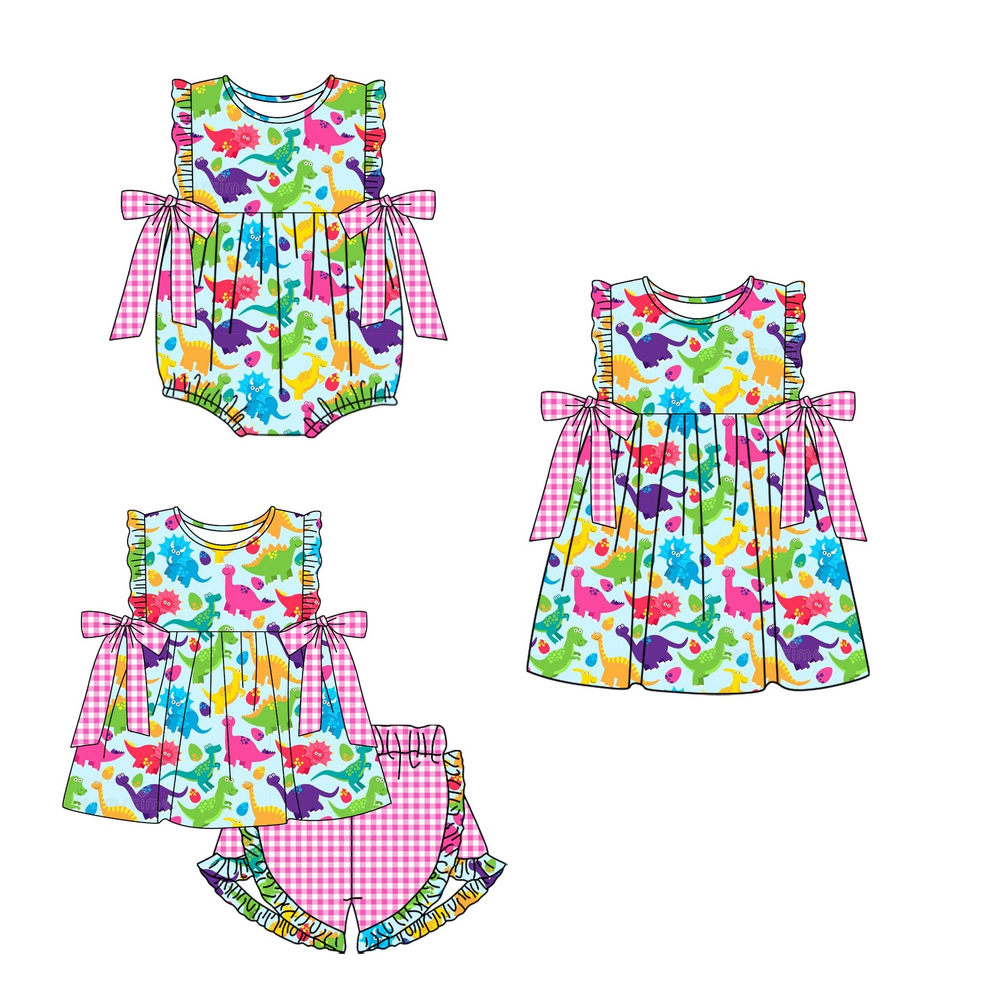 12.16 custom each style moq 5eta 4-6week Sibling Sister dinosuar baby girl short sleeve shorts sets and dress and rompers match family design