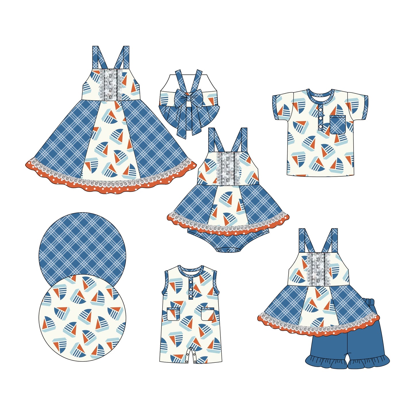 3.6 custom each style moq 5eta 4-6week Sibling Sisters boats baby girl short sleeve shorts sets and dress and rompers match family design