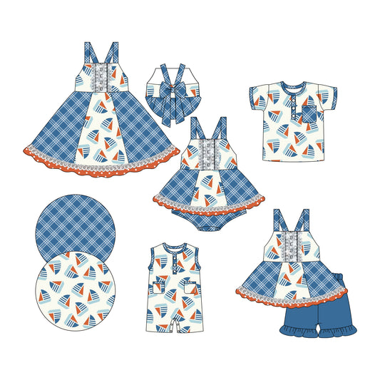 3.6 custom each style moq 5eta 4-6week Sibling Sisters boats baby girl short sleeve shorts sets and dress and rompers match family design