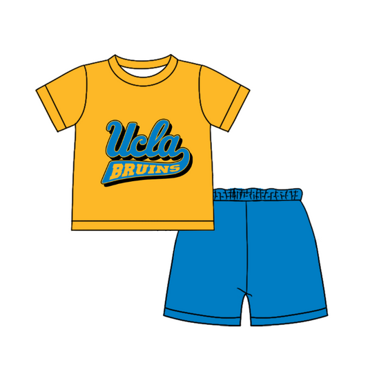Custom moq 5 mix size milk silk summer teams Baby Boy's Yellow Short-Sleeved O-Neck Top And solid color Shorts Set