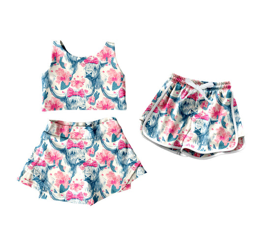 4.21 custom each style moq 5eta 4-6week Sibling Sister cow head bow floral baby girls clothes Short sleeve yoga dress and shorts match family design