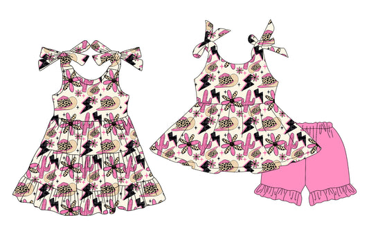 4.4 custom each style moq 5eta 4-6week Sibling Sister catcus baby girl short sleeve shorts sets and dresses match design