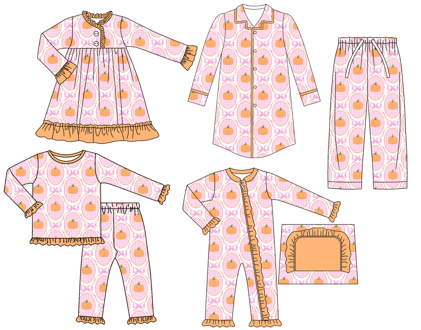 25.6.21 custom each style moq 5eta 4-6week Sibling Sisters bow pumpkin baby girl long sleeve pants sets and adult top and adult pants and romper and dress match family design
