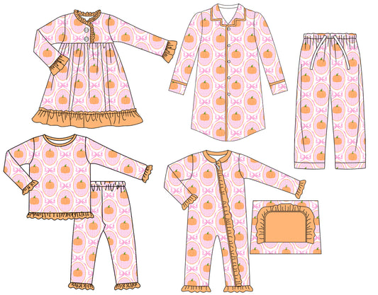 25.6.21 custom each style moq 5eta 4-6week Sibling Sisters bow pumpkin baby girl long sleeve pants sets and adult top and adult pants and romper and dress match family design