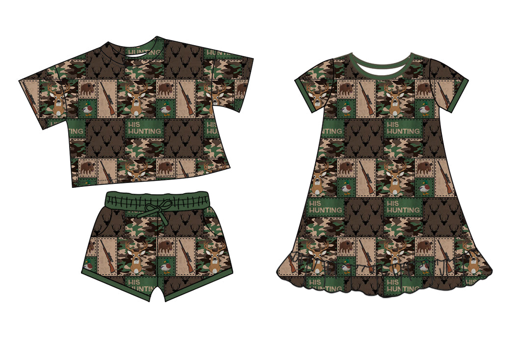 25.10.11 custom each style moq 5 eta 6-8week Sibling Sister hunting baby girl short sleeve shorts sets and dress match design
