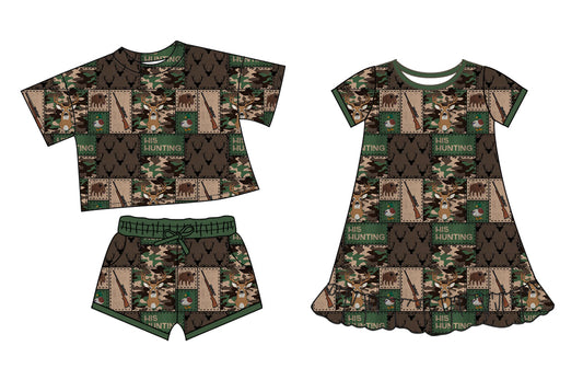 25.10.11 custom each style moq 5 eta 6-8week Sibling Sister hunting baby girl short sleeve shorts sets and dress match design