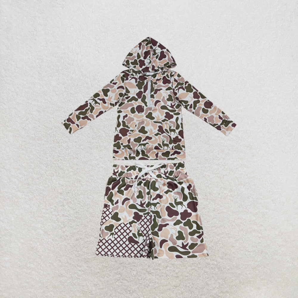 RTS NO MOQ Sibling milk silk Baby Boys Deer Dog Duck Camo Print Zip Pocket Hoodie Top Matching Pocket Shorts Two Piece Hunting Clothes Set