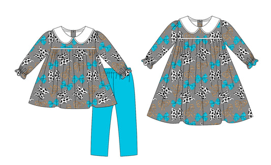 25.8.5 custom each style moq 5eta 4-6week Sibling Sisters bow baby girl long sleeve pants sets and dress match family design