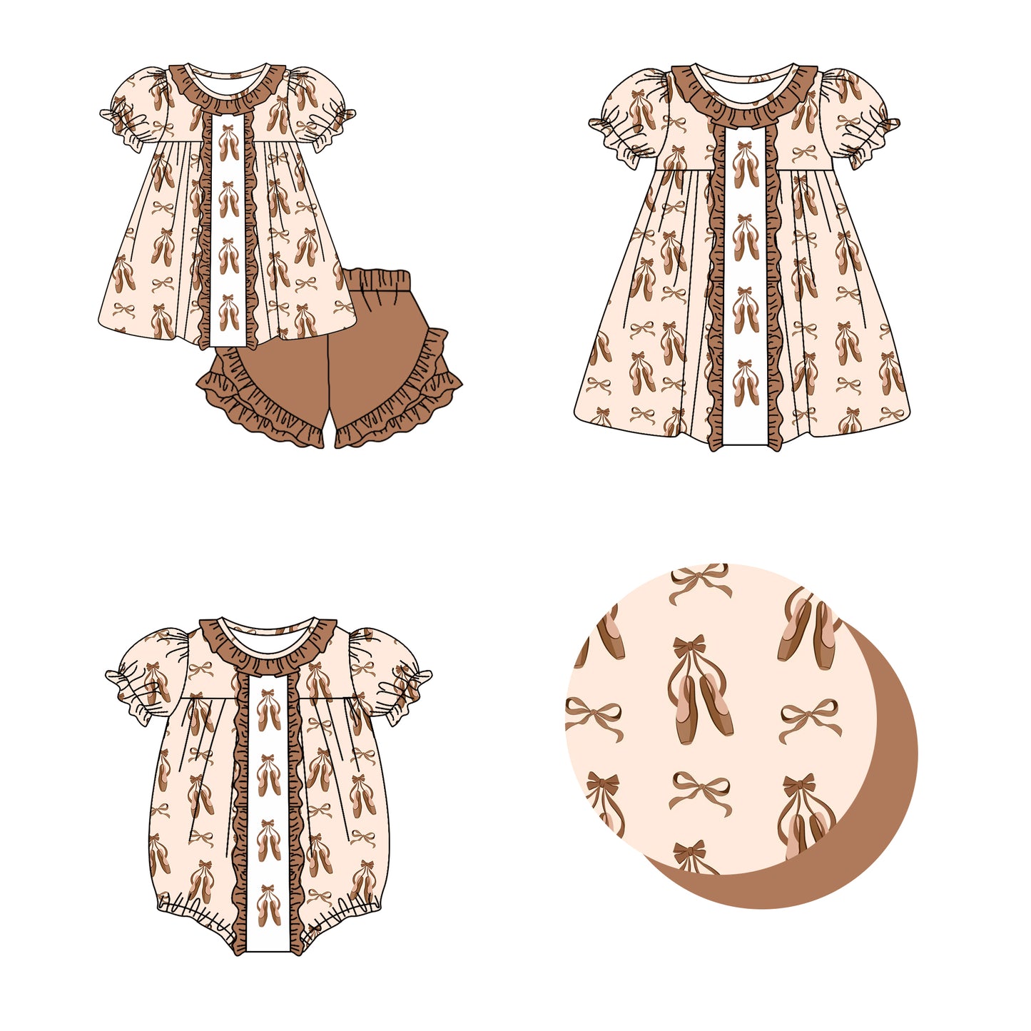 11.19 custom each style moq 5eta 4-6week Sibling Sister ballet shoes bow baby girl short sleeve shorts sets and dress and rompers match family design