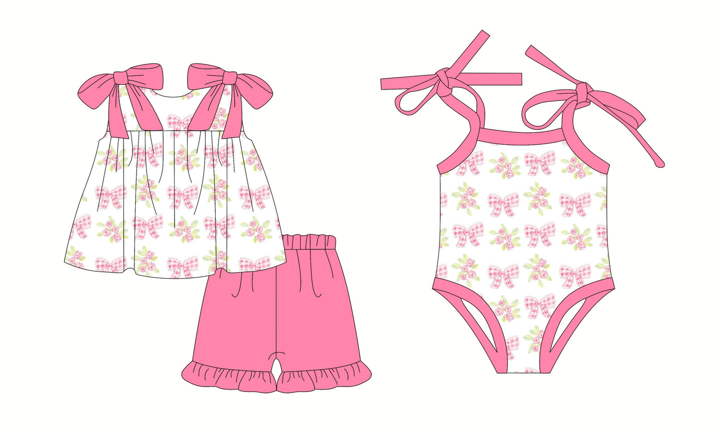 2.26 custom each style moq 5eta 4-6week Sibling Sister bow baby girl short sleeve shorts sets and romper match design