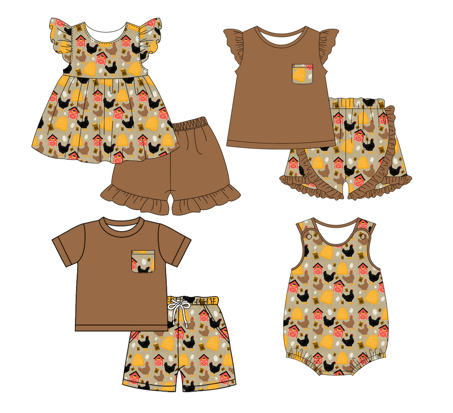 1.16 custom each style moq 5eta 4-6week Sibling Sister hen farm baby girl short sleeve shorts sets and sets 2 and sets 3and boy romper match design